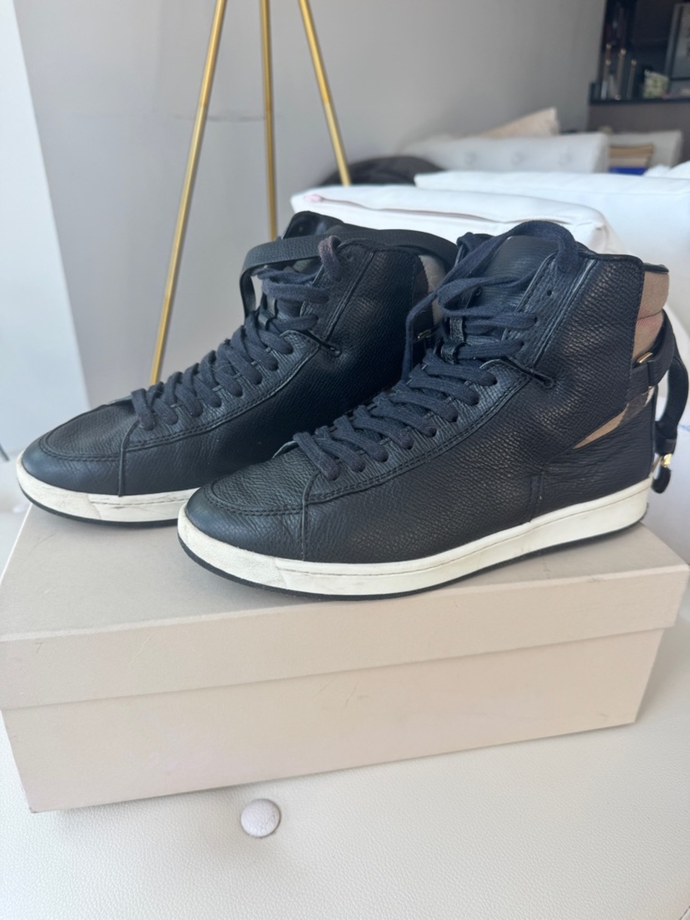 Burberry Black Leather High-Top Sneakers with Signature Check Accent - Picture 3 of 6